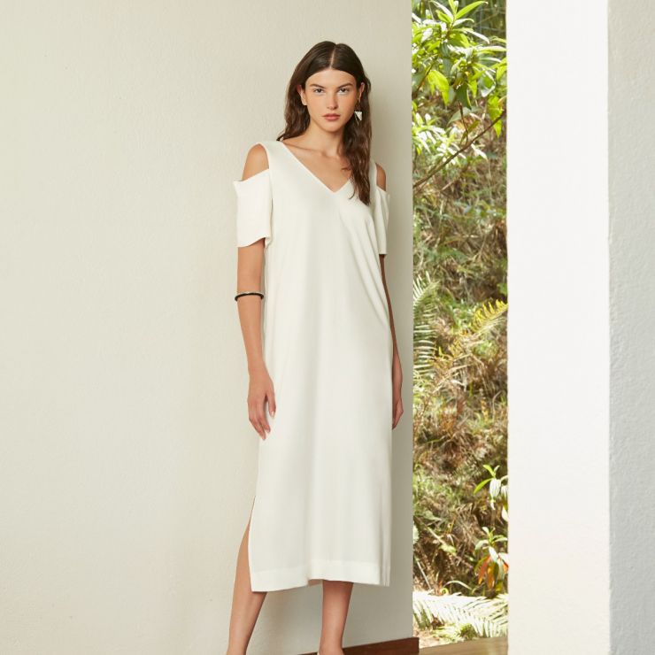 VESTIDO MIDI COM MANGA VAZADA OFF-WHITE