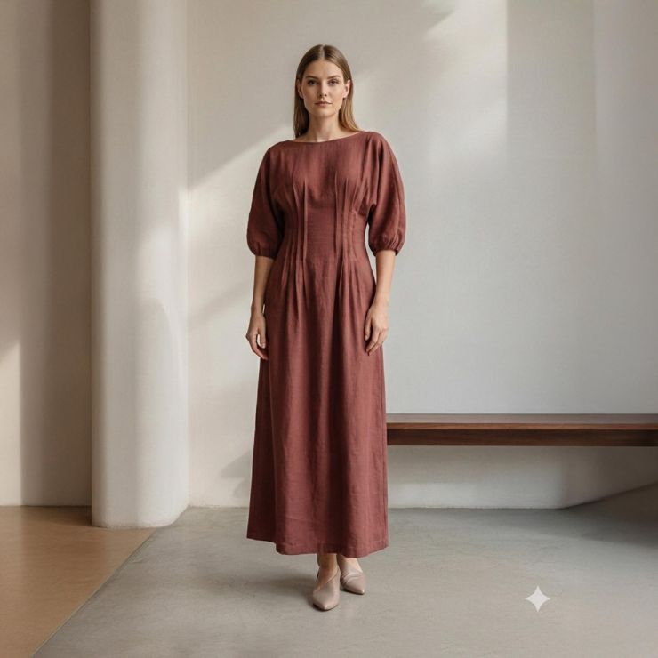 VESTIDO LONGUETE COM PREGAS NA CINTURA