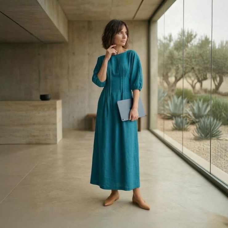 VESTIDO LONGUETE COM PREGAS NA CINTURA