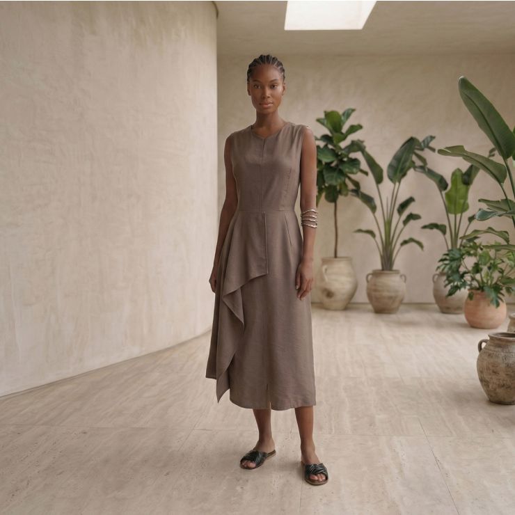 VESTIDO ACINTURADO COM PANEAUX ASSIMÉTRICO